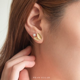 Pearl and Leaf Set Earrings - ต่างหูเซ็ทใบไม้และมุกแท้ (มี 3 สี) (ก้านต่างหูเงินแท้)