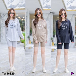 16829 Set # สาวอวบ 2 ชิ้น เสื้อแขนยาว+กางเกง สกรีนลาย Set # Chubby girl 2 pieces. Long sleeve shirt + pants with screen