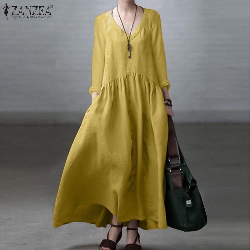 Zanzea ชุดเดรสยาว แขนยาว คอวี มีกระเป๋าด้านข้าง สีพื้น แฟชั่นเกาหลี สําหรับผู้หญิง — صورة 5