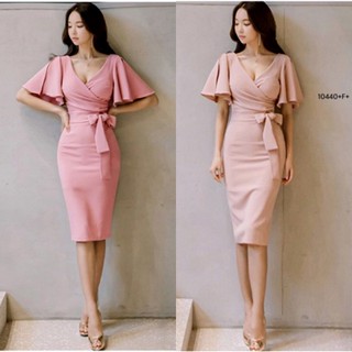 J10440 Dress เดรส แขนระบาย เอวผูกโบว์