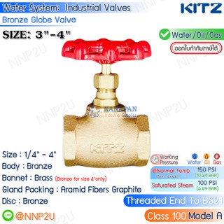 KITZ โกปวาล์ว ทองเหลือง ขนาด 3",4" (Bronze Globe Valve Fig.A)