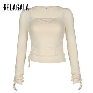 Relagala เสื้อยืดแขนยาว คอสี่เหลี่ยม สีพื้น แฟชั่นสําหรับผู้หญิง