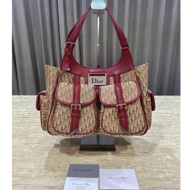 Dior Beige/Red Diorissimo Multi Pocket Shoulder Bag ของแท้ มือสอง กระเป๋าแบรนด์เนม