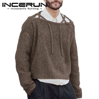 Incerun เสื้อกันหนาวลําลอง แขนยาว ผูกเชือก สีพื้น สําหรับผู้ชาย งานปาร์ตี้