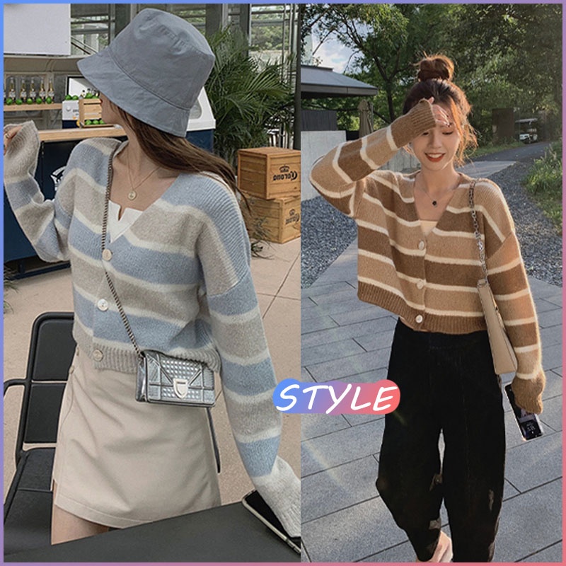 STYLE เสื้อคลุมลายทางสีสวยมากกก ไหมพรมลายทาง เสื้อไหมพรมเเขนยาว งานเกาหลีตรงปกสุดๆจ้า