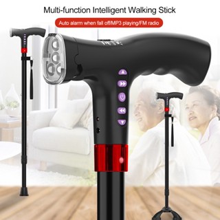 Elderly Adjustable L-ED Walking Cane FM Radio MP3 Smart Safety Fall Alarm Walking Stick for Hiking Outdoor camping equip