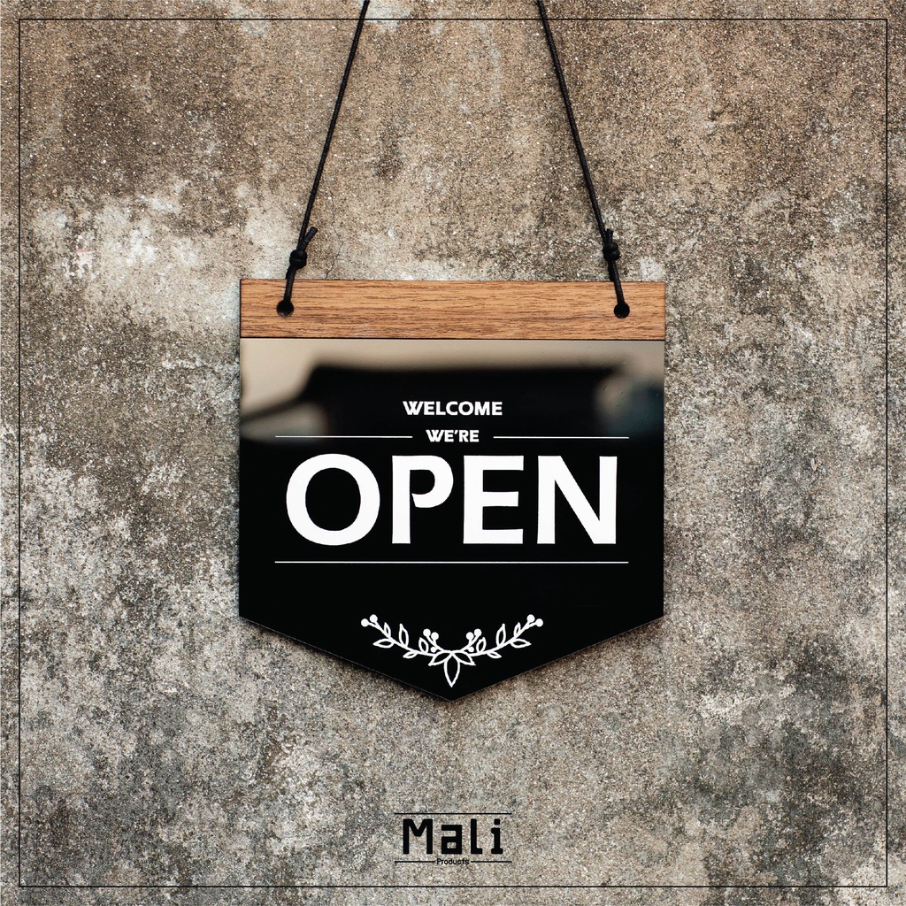 ป้าย เปิด ปิดร้าน OPEN CLOSE อะคริลิค + ไม้ พร้อมสายคล้อง และ จุ๊บยางพร้อมใช้