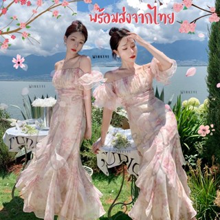 (Dress5-142)พร้อมส่ง Floral Dress เดรสผ้าชีฟอง สายเดียวเปิดไหล่มีแขนระบายๆ ผ้าพลิ้ว จั้มอก สวยน่ารักมากๆ เที่ยว ออกงาน