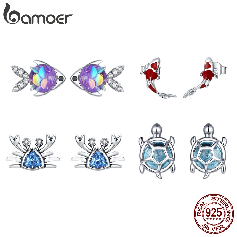 Bamoer ต่างหู 925 เงินปลา Sea Turtle Ear Studs แฟชั่นเครื่องประดับสําหรับผู้หญิงสาวของขวัญ SCE413