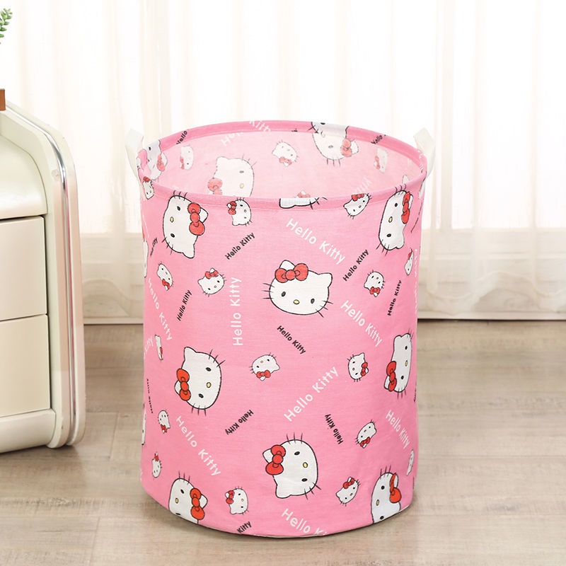 Hello Kitty ตะกร้าเก็บผ้าพับได้ กันน้ํา ผ้าฝ้ายลินิน ถังเก็บของเล่น ขนาดใหญ่