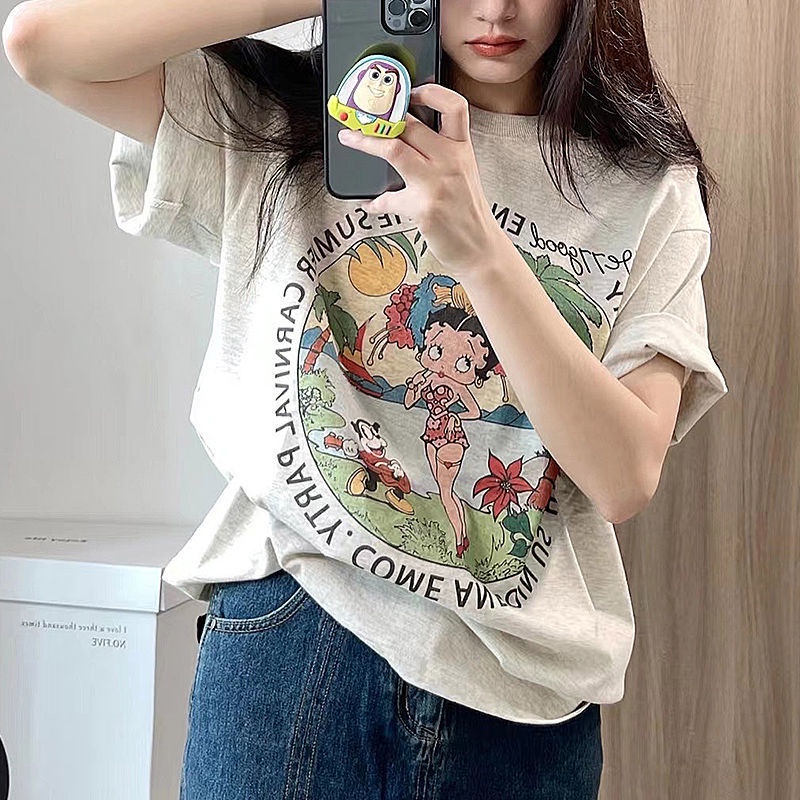 เสื้อยืดลําลองสําหรับสตรี ผ้าฝ้าย 100% แขนสั้น พิมพ์ลาย ขนาดพลัส ทรงหลวม - รูปที่ 4