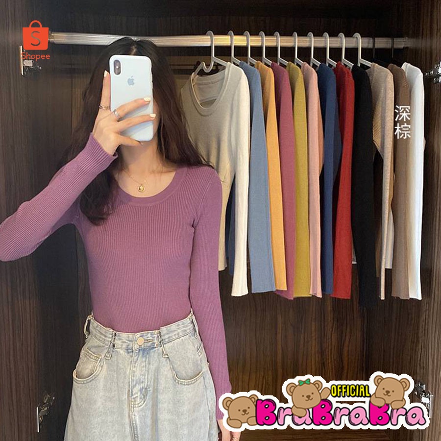 [ส่งจากไทย] 𝑩𝒓𝒂𝑩𝒓𝒂𝑩𝒓𝒂 #f-128 เสื้อแขนยาว ไหมพรม สีพื้น