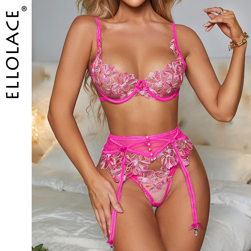 Ellolace Fancy Pink Lingerie Floral Embroidery Sexy Thongs Garter Bra Suit 3-Pieces Delicate Luxury Lace Beautiful Under