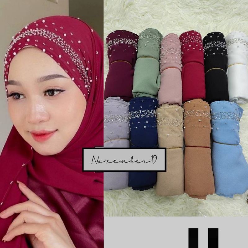 ผ้าคลุมหัวเข้าชุดแต่งมุกสวยงาม ลายH