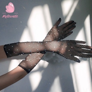 ถุงมือตาข่ายซีทรู แต่งพลอยเทียม เซ็กซี่ แบบเต็มนิ้ว เหมาะกับใส่เต้นรํา ปาร์ตี้ไนท์คลับ สําหรับผู้หญิง