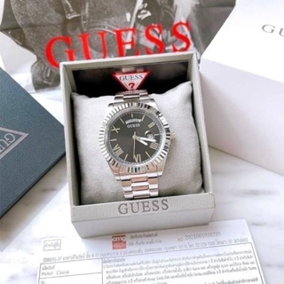 Guess  Silver ผช. ตัวเรือนและสายสเตนเลสสีเงิน หน้าปัดดำ