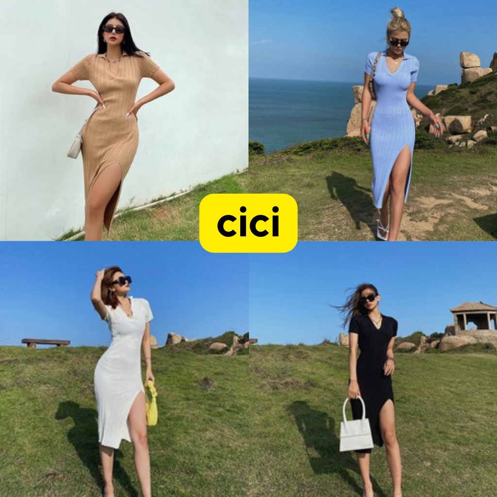 ส่งทันที Cici พร้อมส่ง (NO. A347-8)เดรสยาวคอปกผ่าข้าง ผ้าไหมพรมทอร่องยืดได้เยอะใส่สบายมาก เก็บทรงสวย