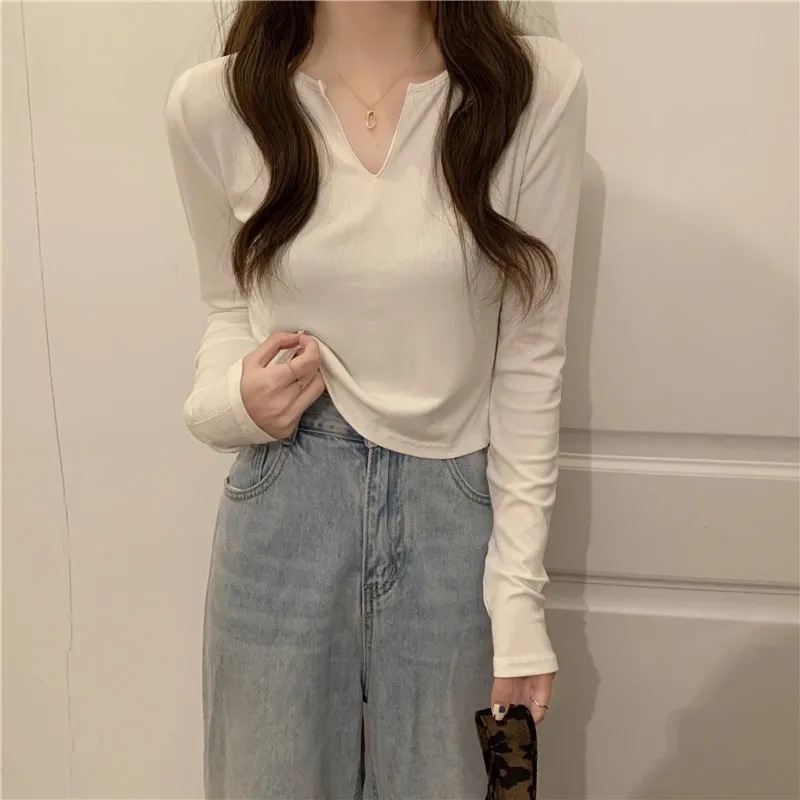 【WJZ】เสื้อยืดแขนยาวคอวีแฟชั่นสตรีแฟชั่นเกาหลี【6884】