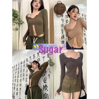 Sugar🌈พร้อมส่ง🌈เสื้อแขนยาว ไหมพรม โชว์หน้าท้อง หยักปลายแขนปลายเสื้อ(M3806)