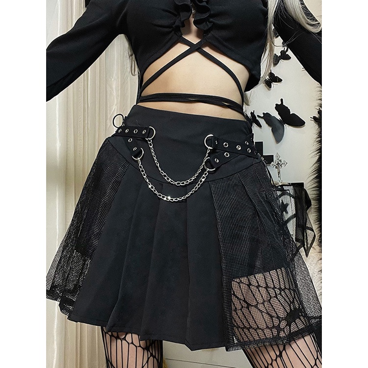 Chain Grunge Punk Women Pleated Skirts Hip Hop Patchwork High Waist Y2K  Mini Skirt Black Vintage JK Kawaii Skater Stree #1