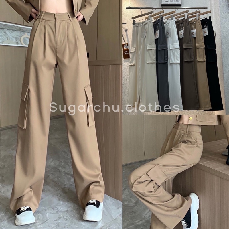 cargo pants กางเกงคาร์โก้ขายาว เนื้อผ้าคอตตอนหนา กระเป๋าสองข้าง กระดุมหนา เนื้อผ้ามีน้ำหนัก งานป้ายK พร้อมส่ง รหัส9161