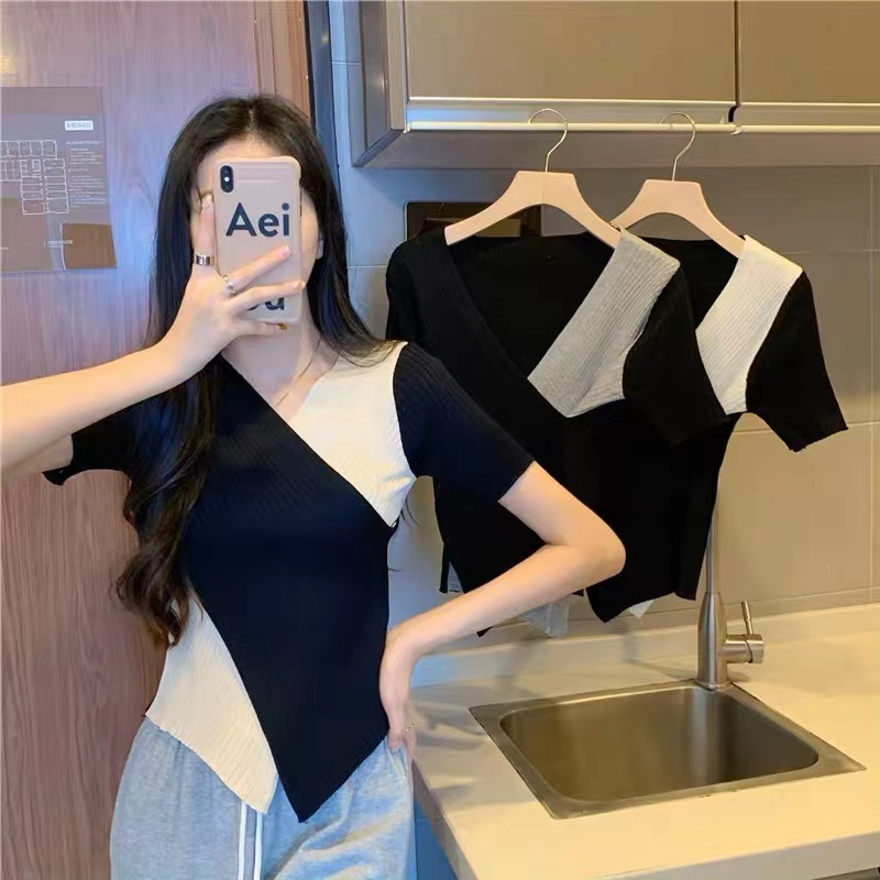 Maze 《พร้อมส่ง》เสื้อไหมผมสองสีแขนสั้น รูปที่ 2