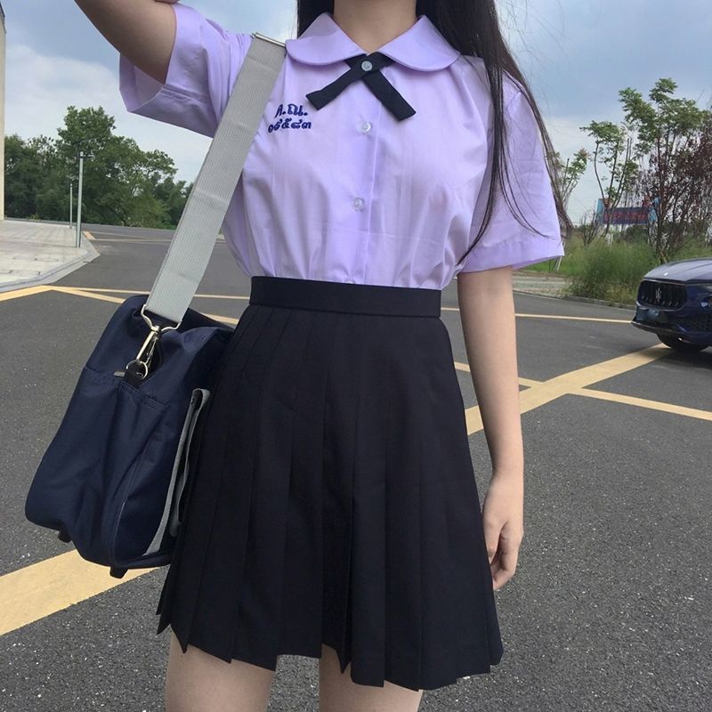 2021 New Preppy Style Thai School Uniform Round Neck Shirt JK Uniform Pleated Skirt Women Summer Set Loose Shirt Female  #1