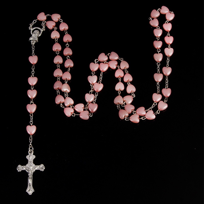 สีขาวและสีชมพู Porcelain สร้อยคอลูกประคํา - หัวใจคาทอลิกลูกปัด w/ Virgin Mary & Cross Charms, ทนทาน Baptism เครื่องประดับของขวัญสําหรับผู้หญิงผู้ชาย