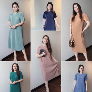 ชุดเดรสยืด คอกลม ผ้าอัดพลีท เดรสสาวอวบPleated Dress classic พลีทสาวอวบชุดเดรสสีพื้นสีสดใส ชุดเที่ยวทะเล ชุดใส่ทำงาน