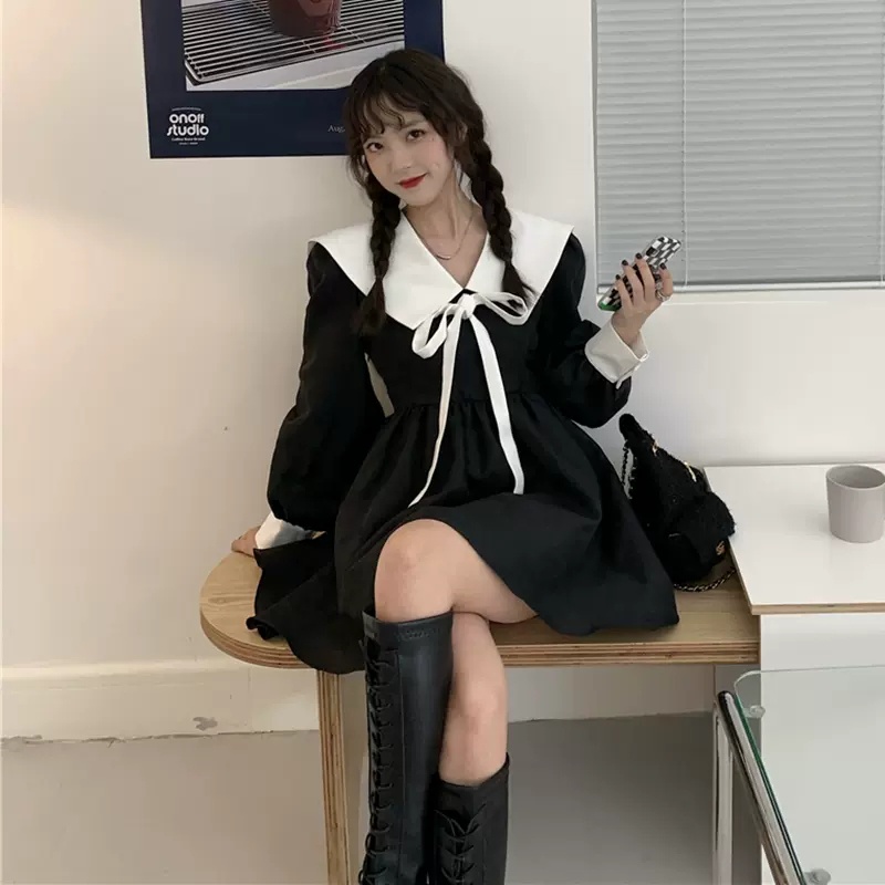 BVintage Gothic Lolita Dress Women Harajuku Black Bandage White Mini Dress Autumn Plus Size Long Sleeve High Waist Party #5