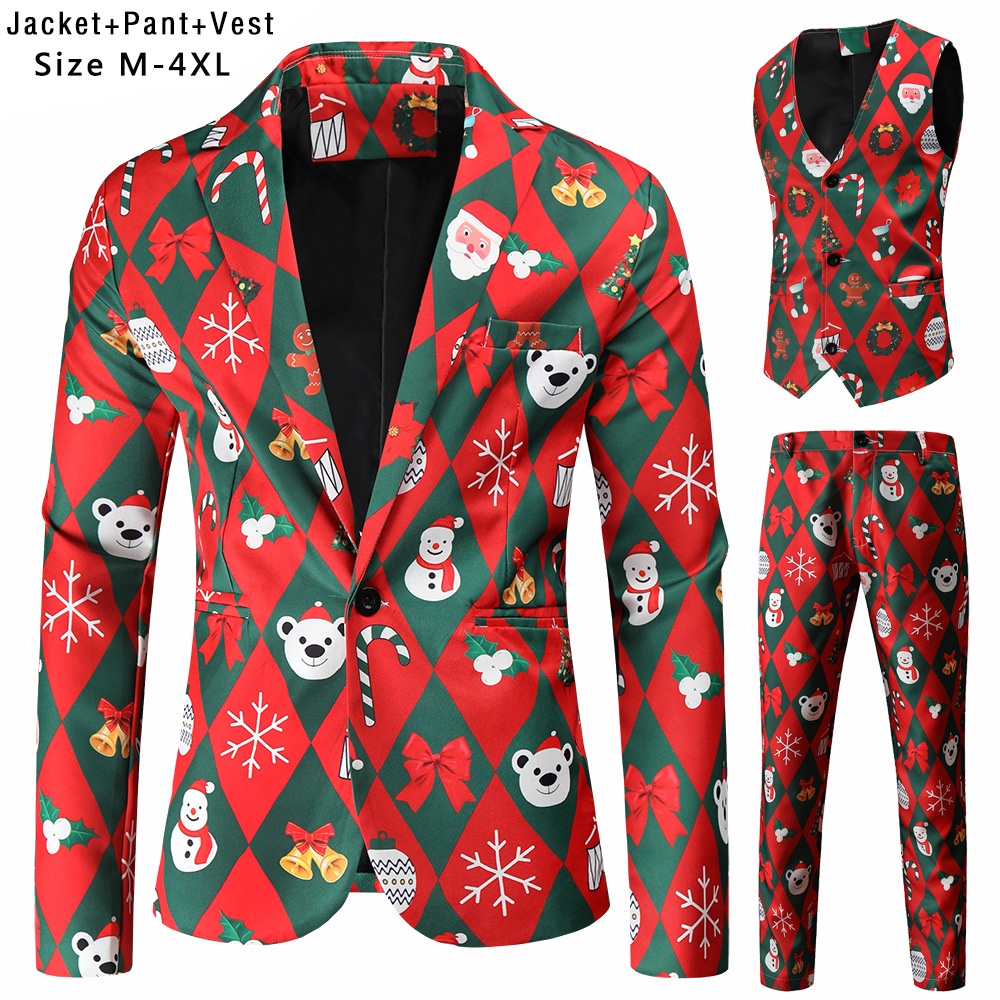 New Mens Christmas Suits Three-piece Cute Cartoon 3D Printed Casual Suit Jacket  Pants Vest 3Pcs Xmas Party Dress 12 Col #4
