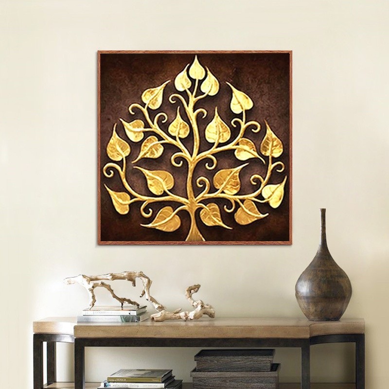 🟪🟡💎ครอสติสคริสตัล Diamond painting ชุดอุปกรณ์ คริสตัลเม็ดเหลี่ยม ติดเต็มแผ่น ต้นโพธิ์ ใบโพธิ์ 🌸ดอกไม