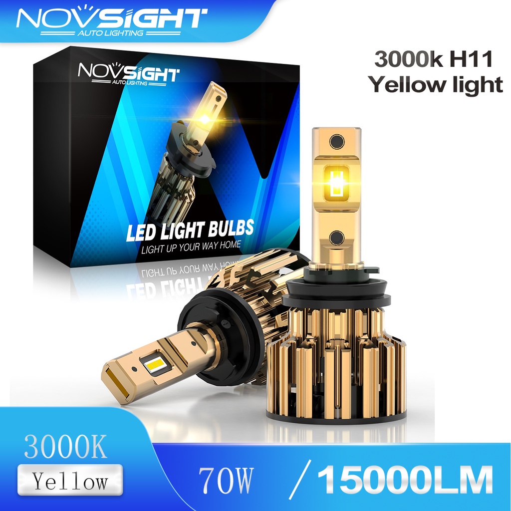 Novsight 2Pcs F03Y H11 ไฟหน้ารถ LED ไฟตัดหมอก 70W 15000LM 3000K สีเหลืองไฟสูงต่ำไฟพัดลมความเร็วสูงในตัว
