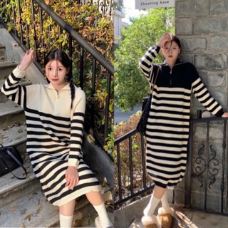 New!!! เดรสไหมพรมลายทางแขนยาวทรง oversize คอปกซิปรูดเป็นคอปีนชิคๆ ได้ค่ะน่ารัก style เกาหลีงานสวยผ้าไหมพรมชั้นดีใส่สบาย