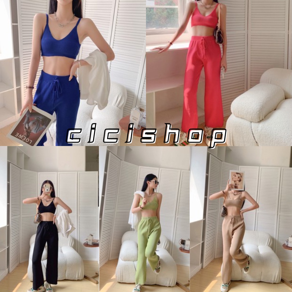 Cicishop(SALE)ชุดเซตครอปสายเดียว+กางเกงขายาว ผ้าไหมพรมknit ผ้ายืดใส่สบาย(A731)