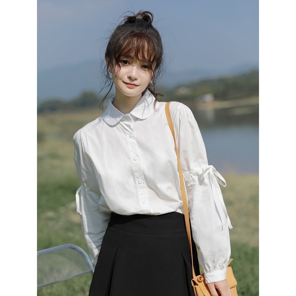 พร้อมส่ง เสื้อเชิ้ตสีขาว สไตล์เกาหลี เรโทร เดรสคอโปโล ผูกโบว์ เดรส Preppy