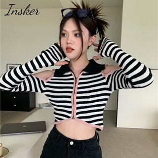 Insker-เสื้อแขนยาว เปิดไหล่ ผ้าถัก แฟชั่นฤดูใบไม้ผลิ และฤดูใบไม้ร่วง สําหรับผู้หญิง