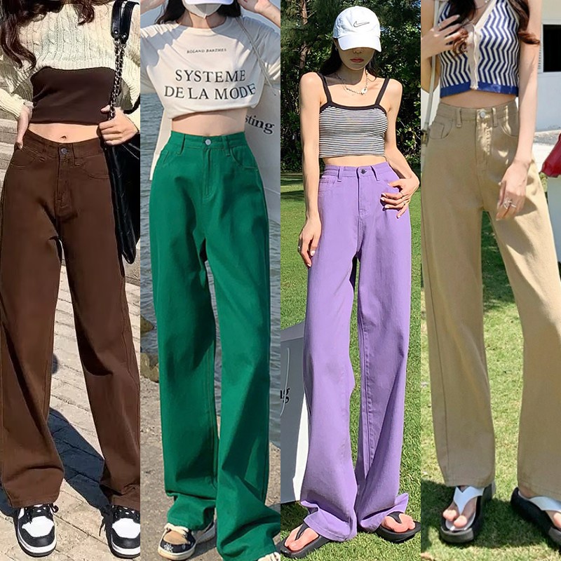Floerns กางเกงยีน ขายาว ทรงตรง สีพื้น แฟชั่นสําหรับผู้หญิง