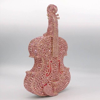 Pink Violin Shape Bag Crystal Purse Evening Clutches Dinner Party Handbags ไวโอลิน กระเป๋าออกงาน คลัทช์ ของขวัญ Gift