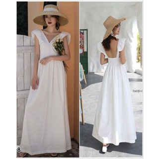 MaxiDress แม็กซี่เดรสคอวี เดรสยาวโชว์หลัง ชุดใส่ไปทะเลคาเฟ่สีขาว