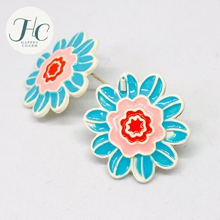 ต่างหูดอกไม้สีฟ้า เกสรชมพู-แดง สีสันสดใส ตัดขอบขาวสวยงาม Earring