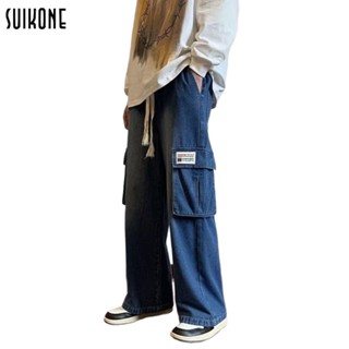 Suikone แฟชั่น Workwear กางเกงยีนส์ใหม่หลายกระเป๋าผู้ชายเกาหลีกางเกงหลวมสบาย ๆ ins กางเกงขากว้าง