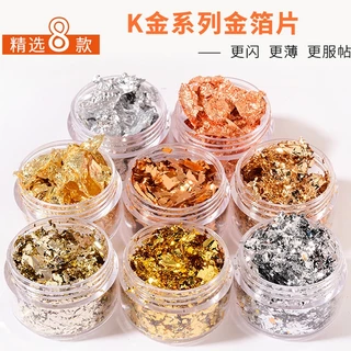 ศิลปะการทำเล็บด้วยฟอยล์สีทอง, ชิ้นส่วนฟอยล์สีทองและสีเงิน, น้ำยาทาเล็บเปลือกหอยลายดารา, สติกเกอร์ตกแต่งและเลื่อม