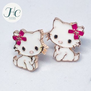 ต่างหูคิตตี้ Hello Kitty แมวน้อยสีขาวมุก ผูกโบว์สีชมพูบานเย็น earrings ต่างหูเด็ก