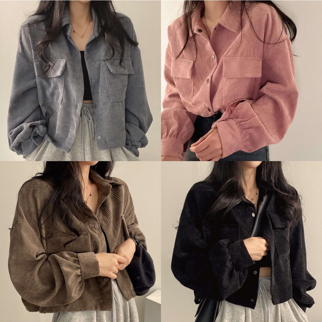 พร้อมส่ง เสื้อเชิ้ตแขนยาวลูกฟูก แจ็คเก็ตผู้หญิง เรียบๆท​รงเกร๋ แมชง่ายกับทุกลุค #020008