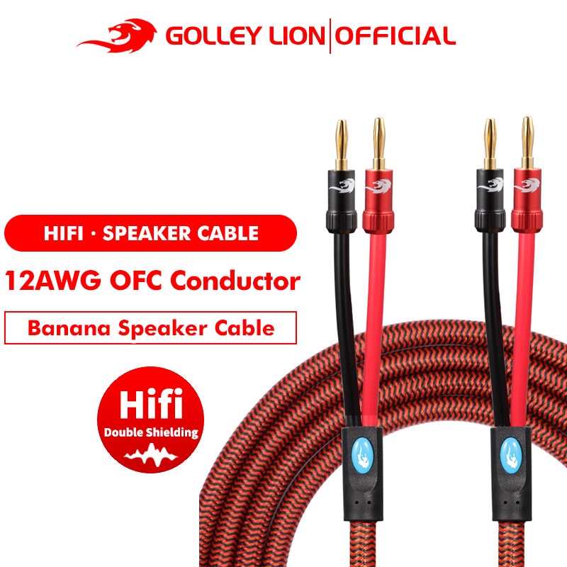 Golley Lion สายเคเบิ้ล Hifi ลําโพงพร้อมปลั๊กกล้วยสําหรับโฮมเธียเตอร์แอมป์เครื่องขยายเสียงระบบเสียงกล้วย 2 ชิ้น
