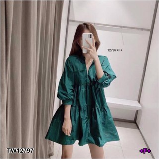 MM12797 เดรสแขนพองสีพื้น Puff sleeve solid color dress