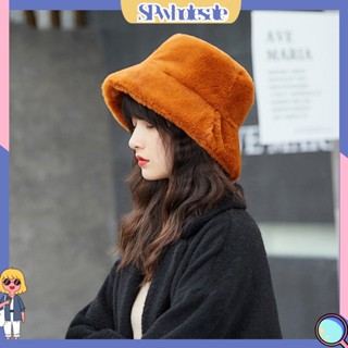 (SPwholesale) Winter Women Solid Color Flat Top Wide Brim Warm Plush Fisherman Hat Bucket Cap