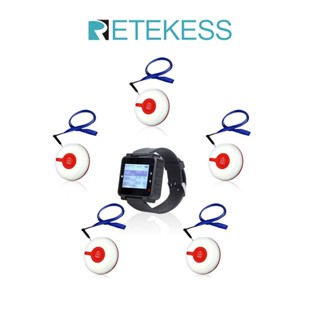 Retekess T128 เพจเจอร์ระบบช่วยเหลือส่วนบุคคล แบบมีปุ่มกด สำหรับพยาบาลและผู้ป่วยหรือผู้สูงอายุ เพจเจอร์ 1 ชิ้น นาฬิกาเพจเจอร์ 5 ชิ้น TD009