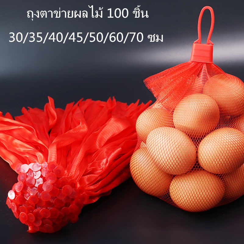 ถุงตาข่ายพลาสติก100pcs พร้อมตัวล็อค ถุงตาข่ายผลไม้ถุงตาข่ายไนลอนแบบพกพา30/35/40/45/50/60/70cm